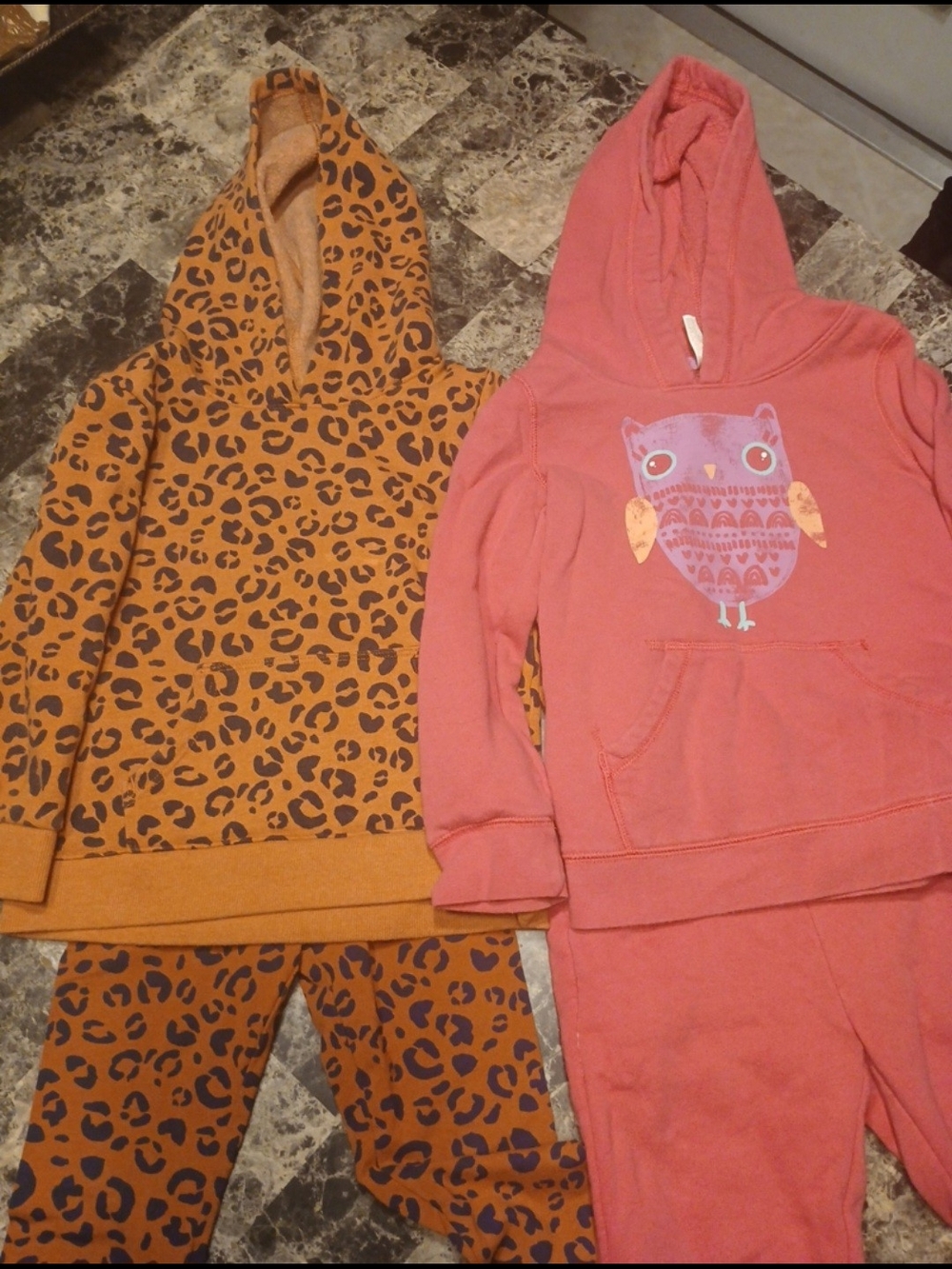 Cat & Jack Girls Orange Leopard Hoodie Set and Pink Owl Hoodie Set